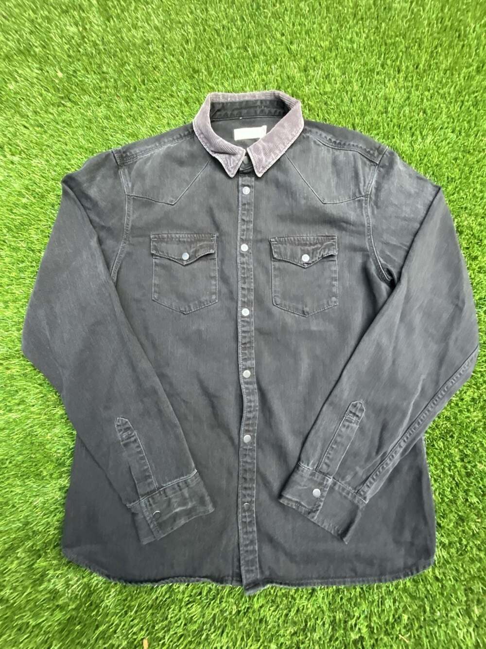 Allsaints Men's Black Denim Western Long Sleeve Shirt with Corduroy Collar